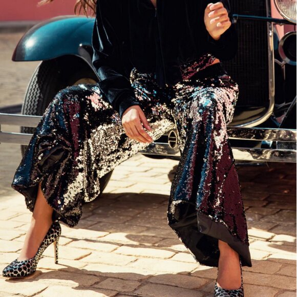 Ilona Rich Black Sequin Wide Leg Trousers - Picture 2 of 11